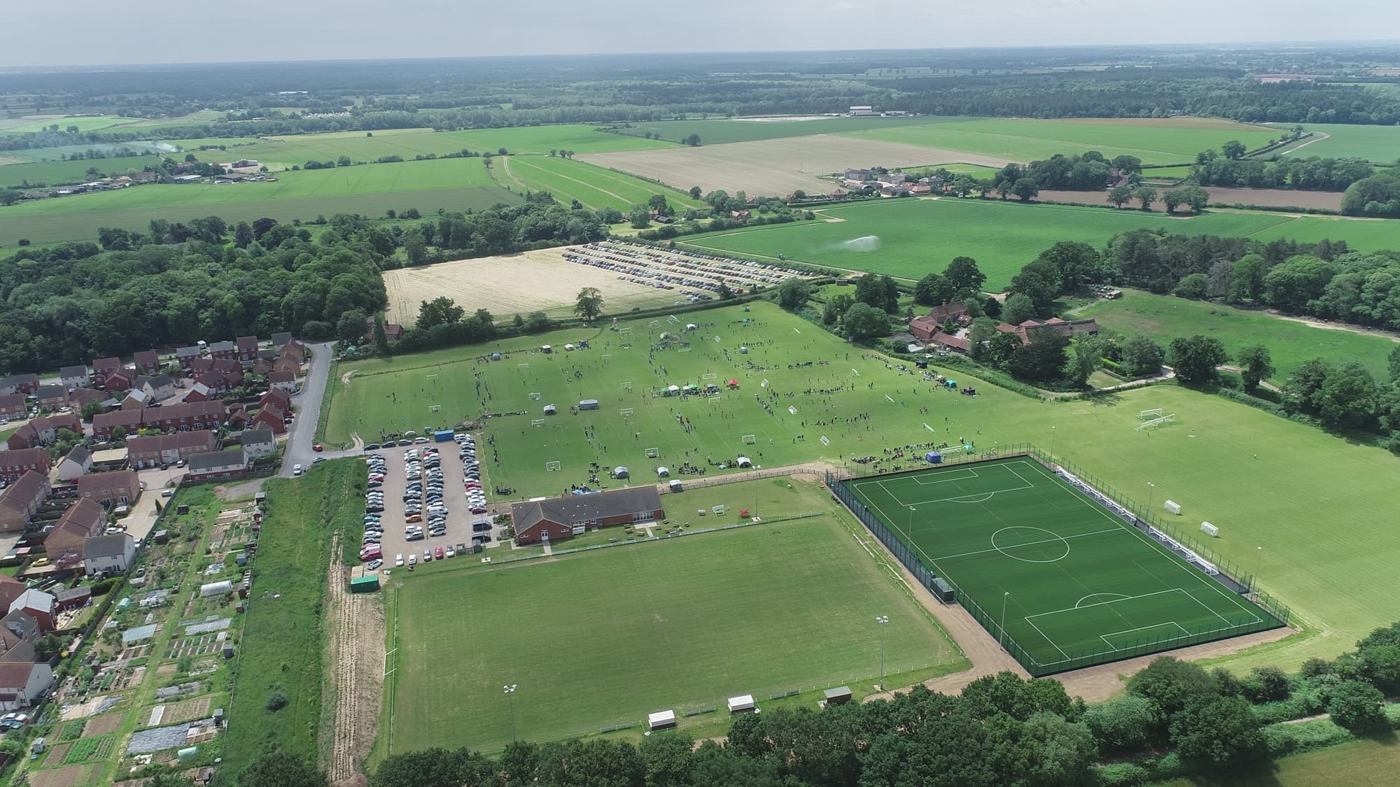 Youngs Park from the air, showing the 3G arena, grass pitches and clubhouse